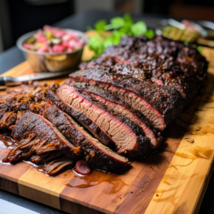 Brisket Flat Half on a wooden cutting board.