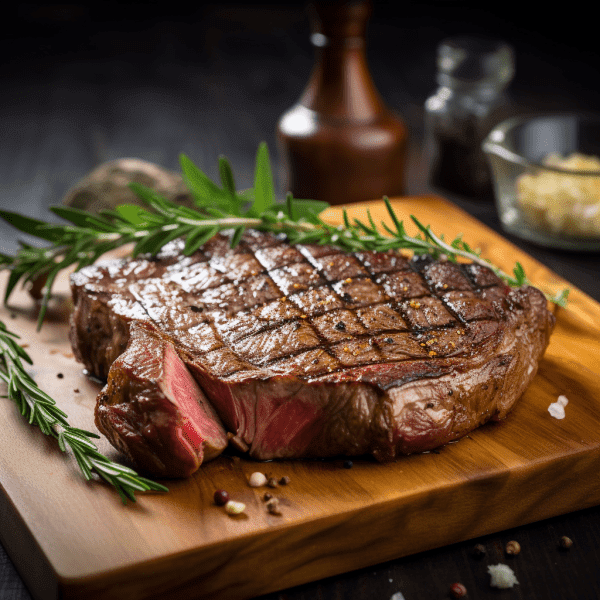 A Rib Steak on a wooden cutting board with herbs and spices. Buy Premium Beef Online from We Speak Meat