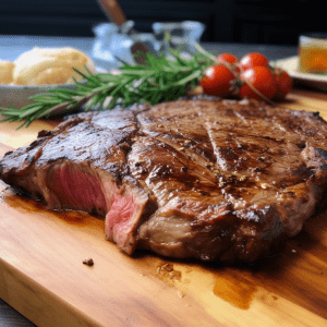 A juicy Ribeye Roll Steak (1lb) is sitting on a wooden cutting board.