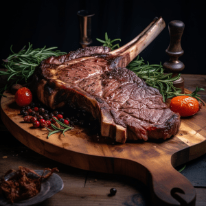 A succulent Tomahawk Steak (1lb), perfectly grilled, resting on a rustic wooden cutting board.