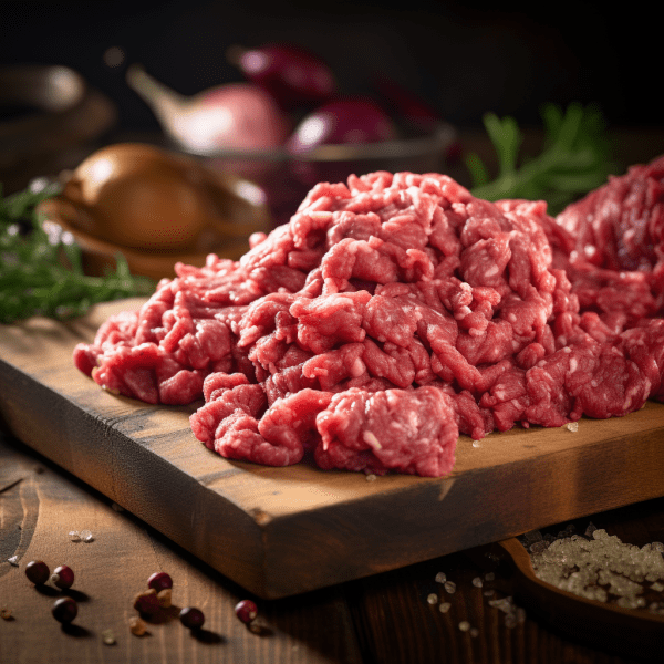 Ground Beef 80/20 placed on a wooden cutting board, surrounded by herbs, red onions, and spices. We Speak Meat.