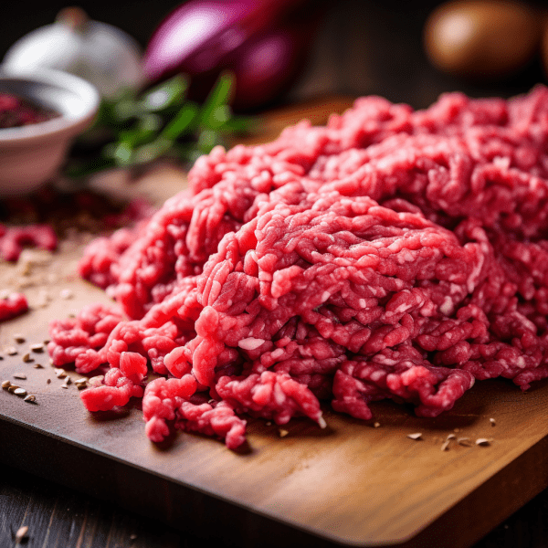 Close-up of a pile of Ground Beef 80/20 on a wooden cutting board, with garlic, onions, and herbs in the background. At "We Speak Meat," quality ingredients are key.