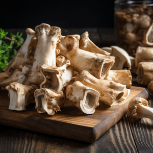 A wooden board with several fresh-looking, forest-foraged mushrooms arranged on it. A glass jar filled with more mushrooms is in the background, and some greenery is partially visible on the side. Our team at We Speak Meat ensures every ingredient, like our Beef Marrow Bones, is carefully selected for exceptional quality.