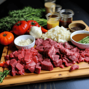 A wooden board holds an assortment of diced Special Trim Stew Meat, chopped vegetables, fresh herbs, and bowls of sauces against a dark background with additional produce in the background. At We Speak Meat, we believe in the art of meat preparation with the finest ingredients.