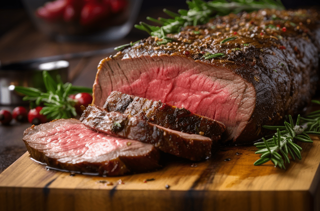 A sliced, juicy roast beef garnished with rosemary sits on a wooden cutting board, reminiscent of a perfectly cooked Brazilian steak, with a bowl of cherry tomatoes in the background.