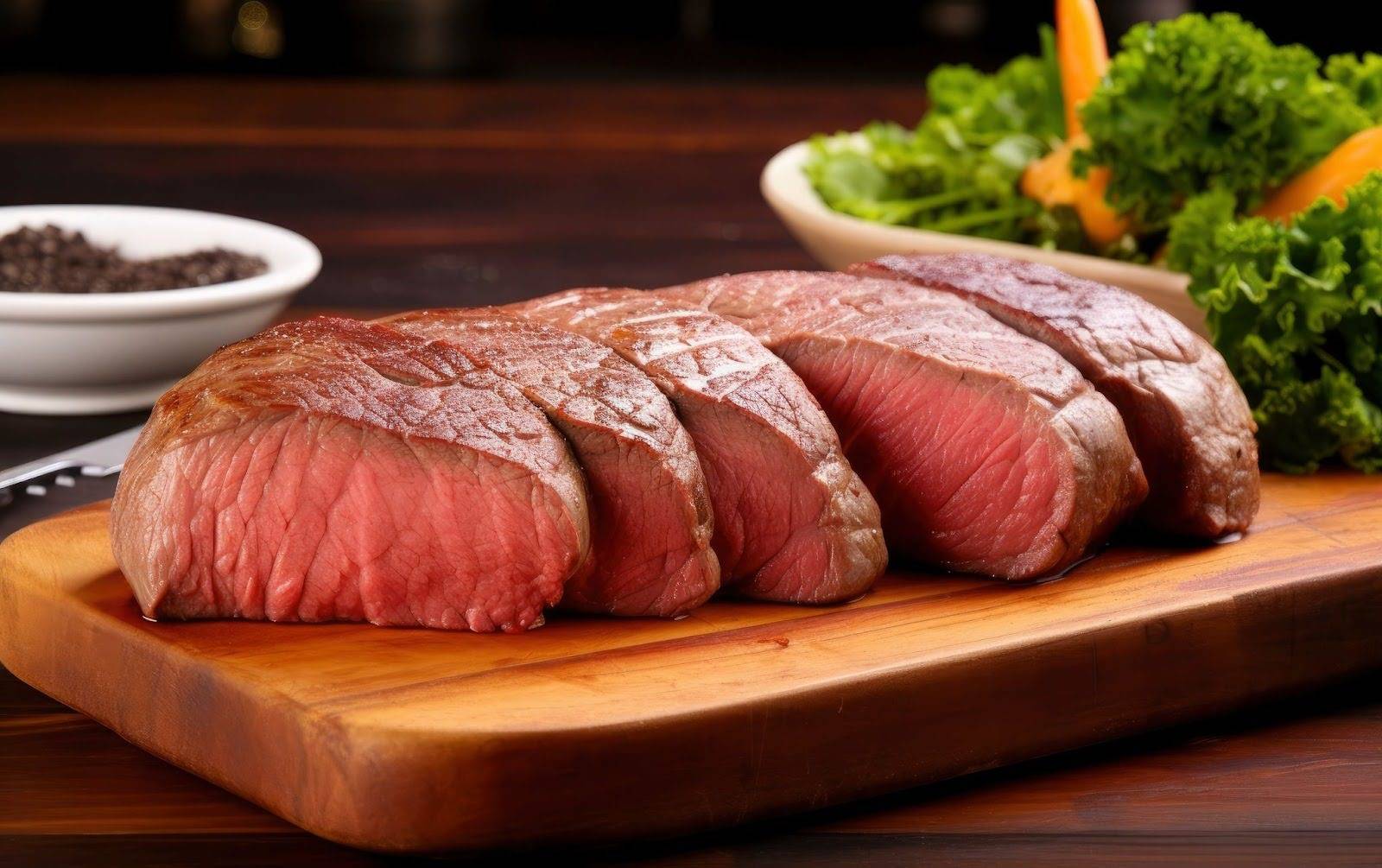 Four thick, juicy slices of rare picanha steak are arranged neatly on a wooden cutting board. A bowl of black pepper and a plate of fresh greens and yellow bell peppers are in the background, adding vibrant color to this Brazilian steak cooking guide.