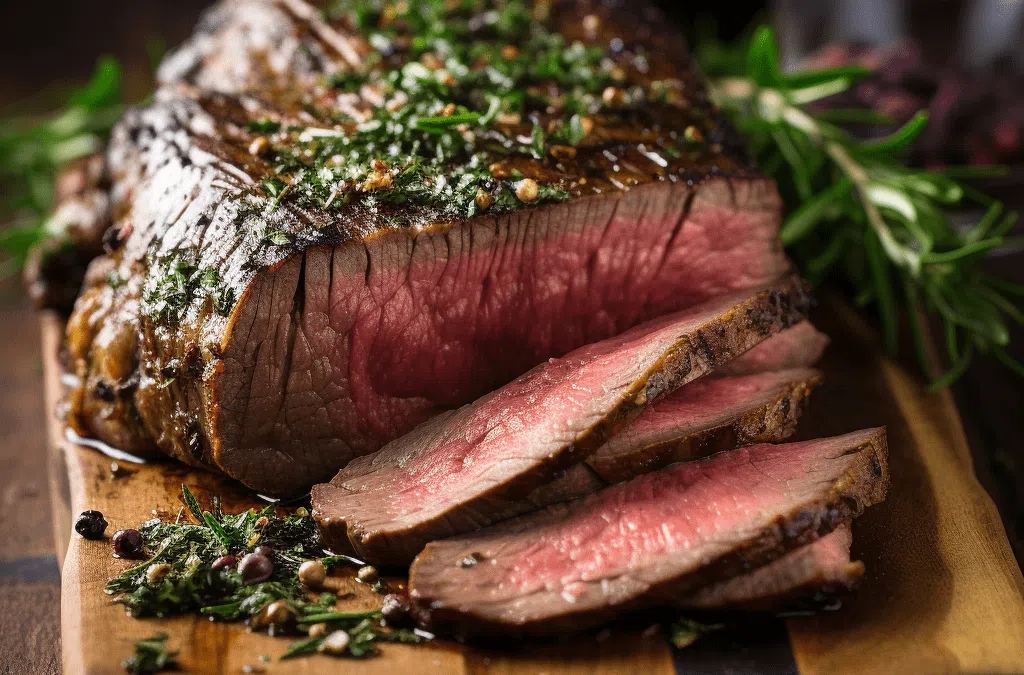 Close-up of a sliced medium-rare Picanha garnished with herbs and peppercorns, placed on a wooden cutting board with sprigs of fresh rosemary. A tantalizing example of Brazilian steak, perfect for those looking to master how to cook this delicacy.