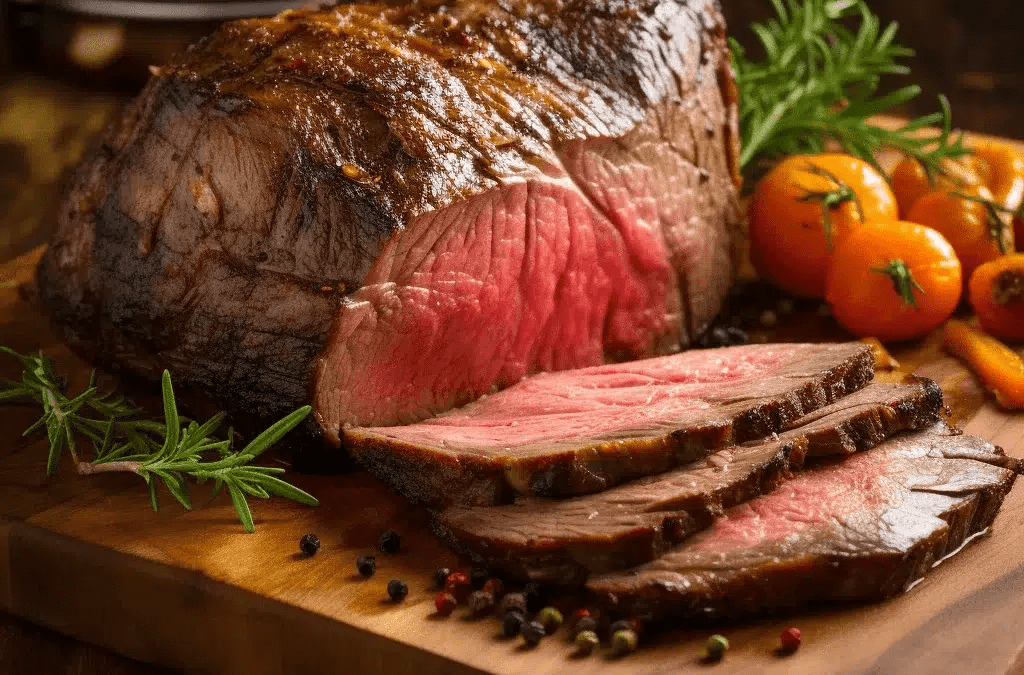 Sliced Picanha garnished with rosemary, cherry tomatoes, and carrots on a wooden cutting board.